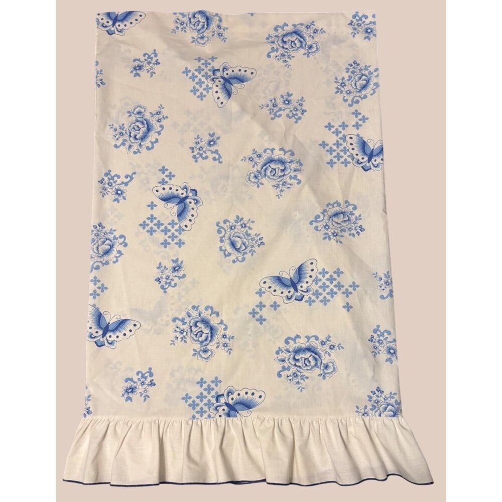 Vintage Blue & White Butterfly & Floral Print Pillowcase With‎ Ruffle Edge